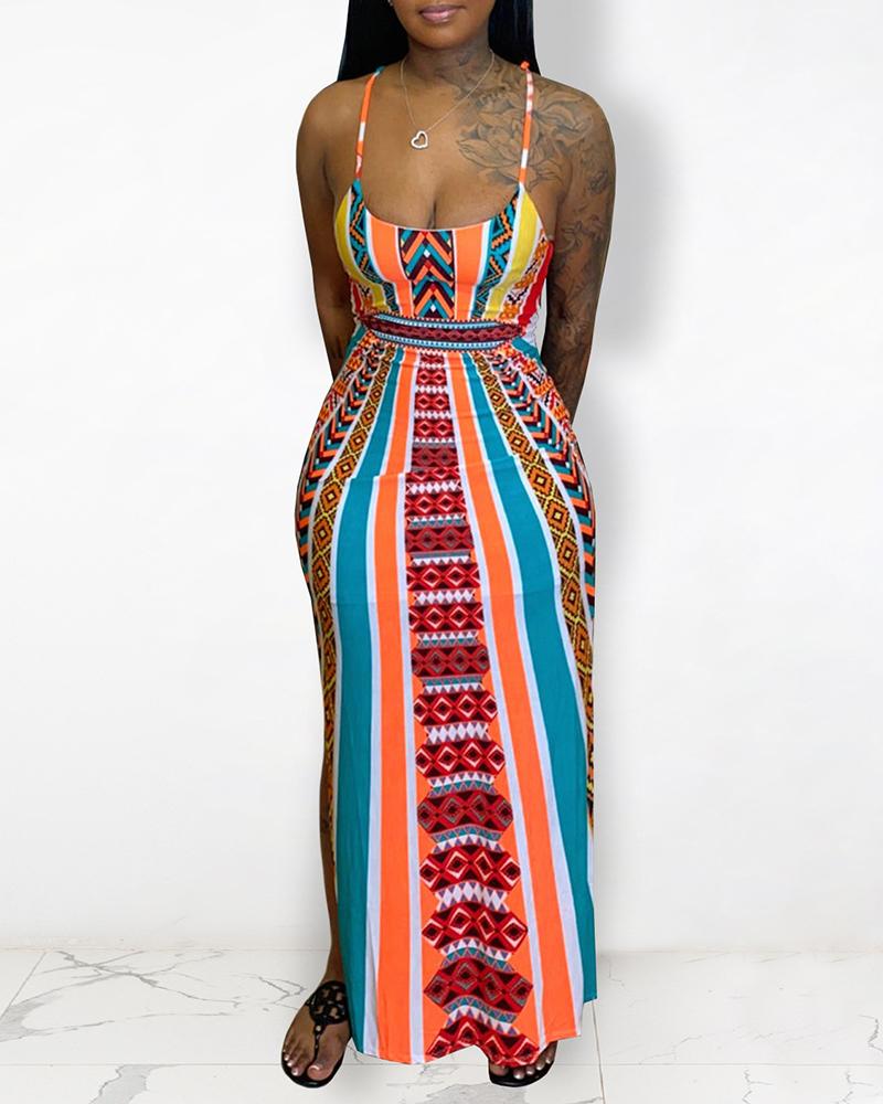 

Geo Pattern Striped Print Cutout Backl Maxi Dress, Orange