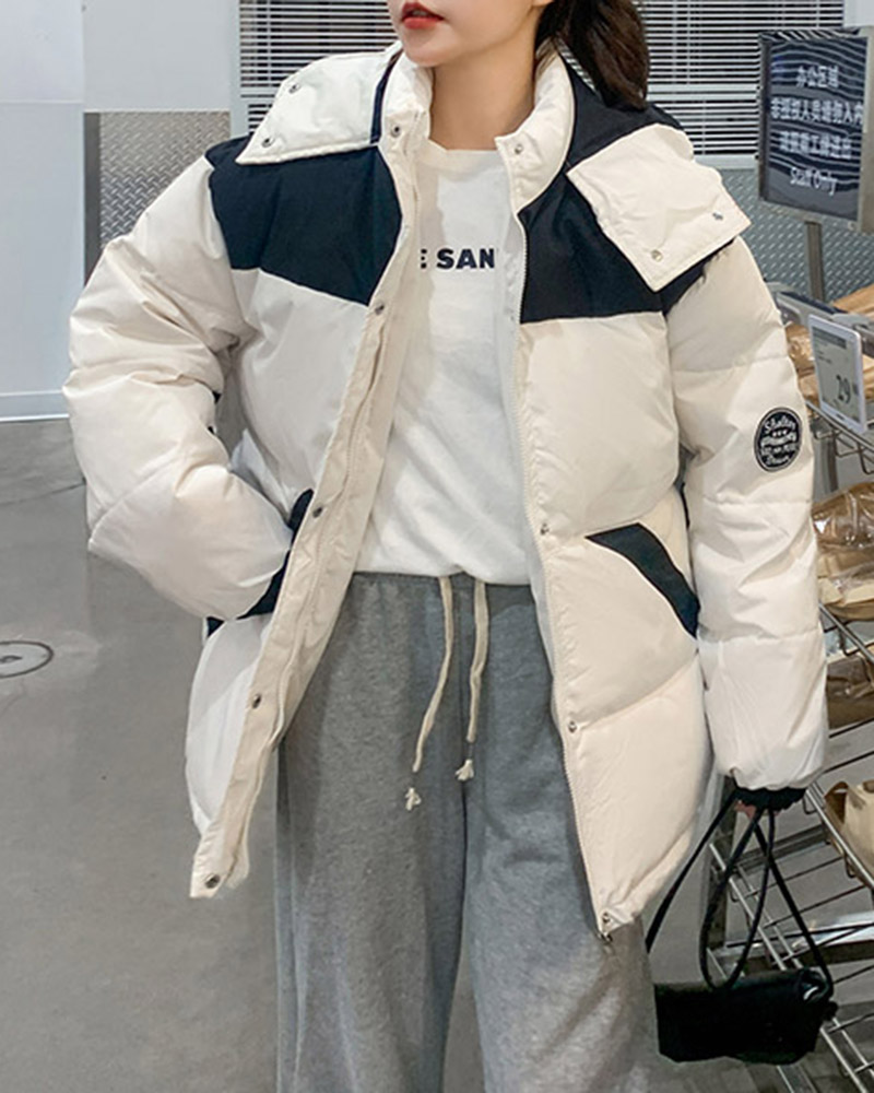 

Contrast Paneled Pocket Design Hooded Puffer Coat, Beige