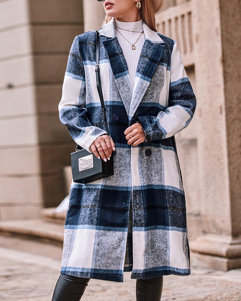 

Plaid Print Buttoned Trench Coat, Blue