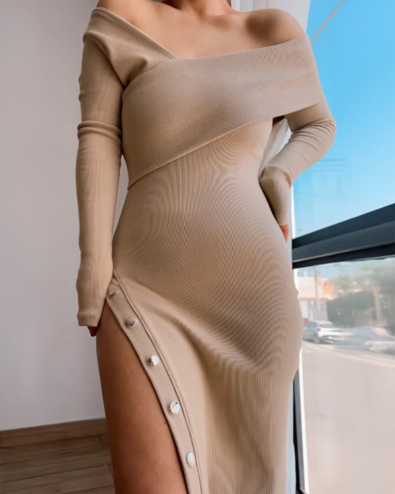 

Vestido de punto acanalado cruzado con hombros descubiertos y espalda descubierta, abertura lateral con botones a presión, vestido ajustado, Khaki