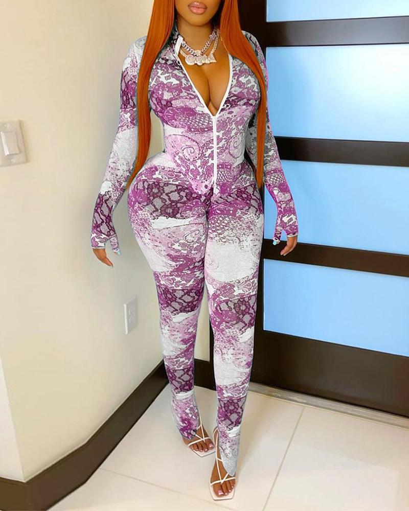 

All Over Print V-Neck Zipper Front Jumpsuit, Hot pink