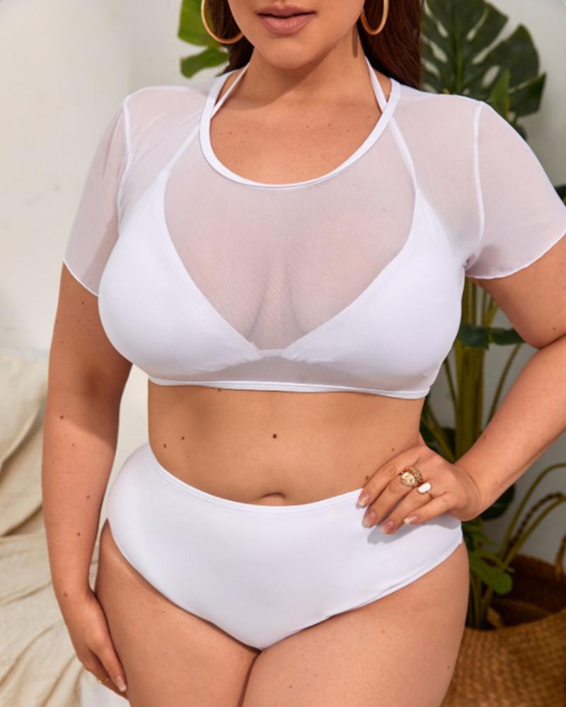 

3PCS Plus Size Halter Bikini Set With Cover Up Top, White