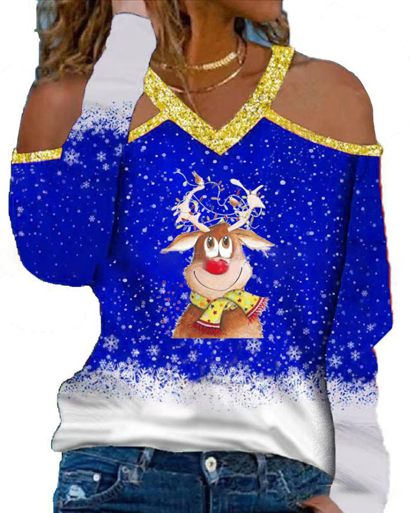 

Christmas Snowflake Cartoon Elk Print Cold Shoulder Top, Blue
