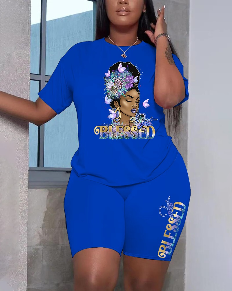 

Figure Letter Butterfly Print Casual Top & Shorts Set, Blue