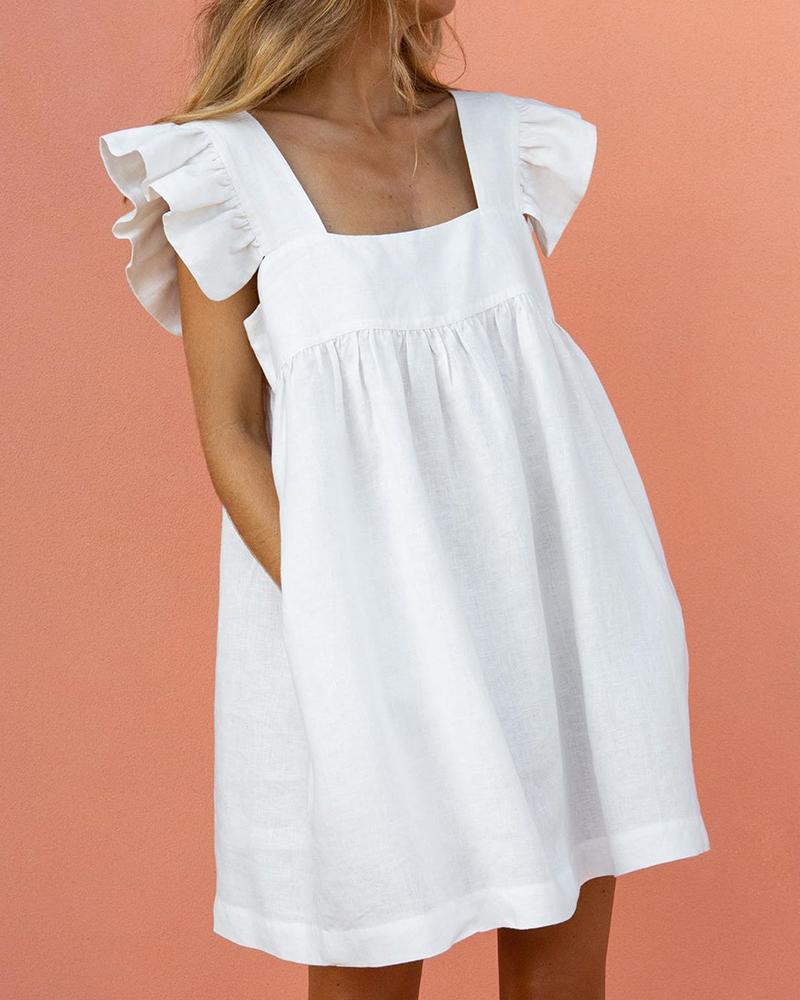 

Square Neck Ruffle Sleeve Swing Dress, White