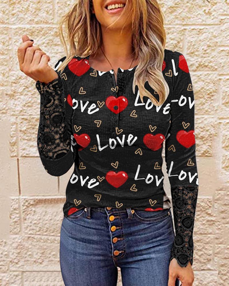 

Heart Print Button Decor Crochet Lace Top, Style2