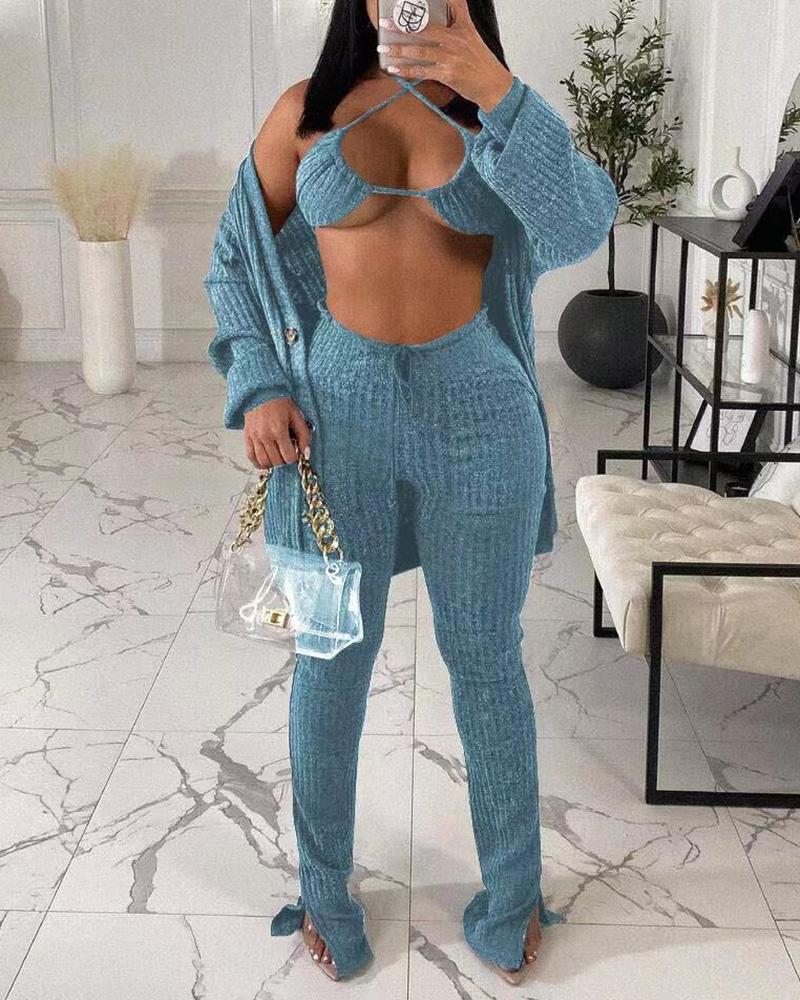 

Lantern Sleeve Buttoned Coat & Drawstring Pants Set With Bralette, Light blue