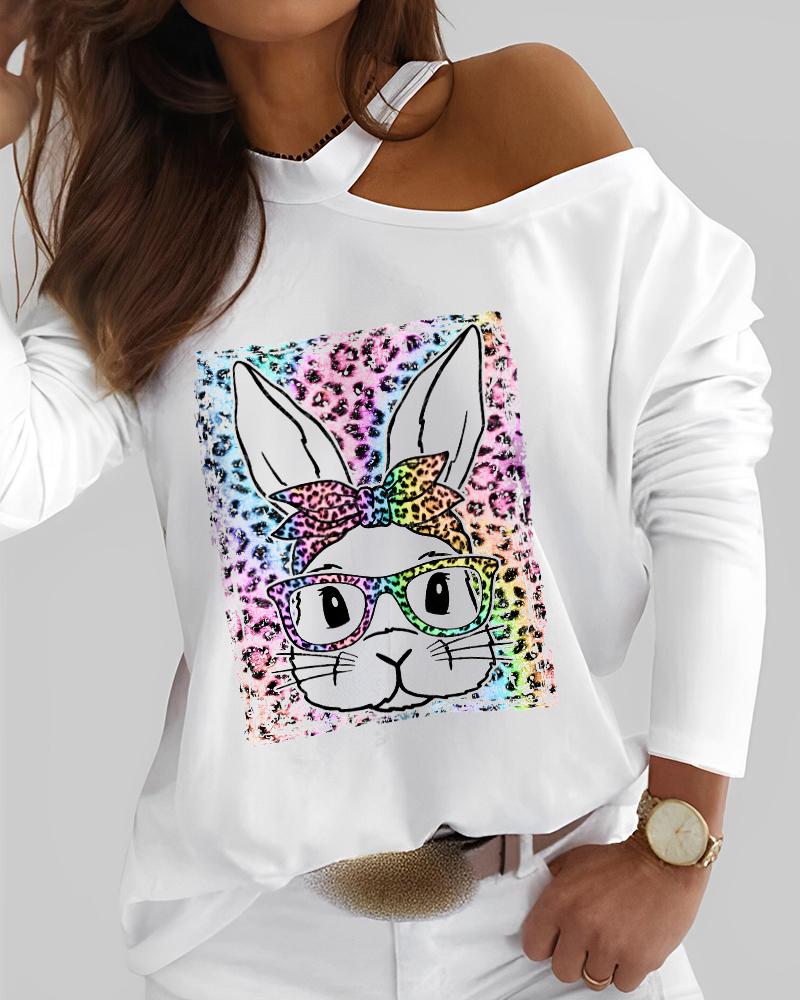 

Happy Easter Bunny Leopard Print Cold Shoulder Top, White