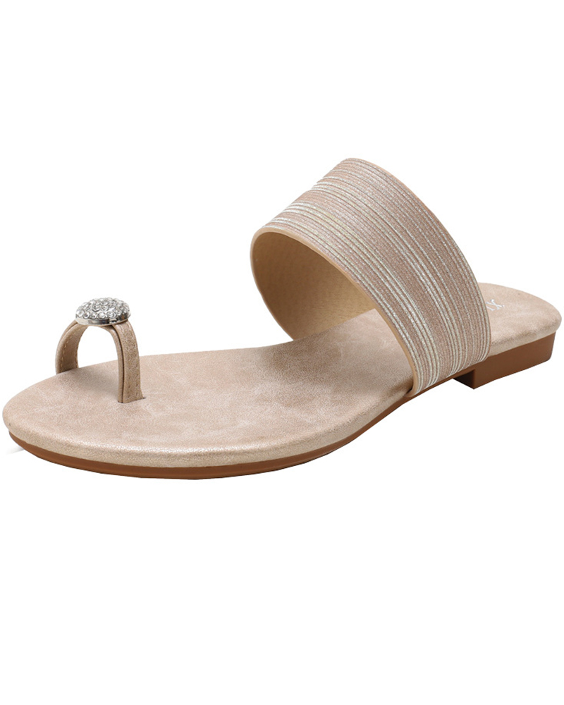 

Rhinestone Toe Ring One Strap Beach Flip Flops, Apricot