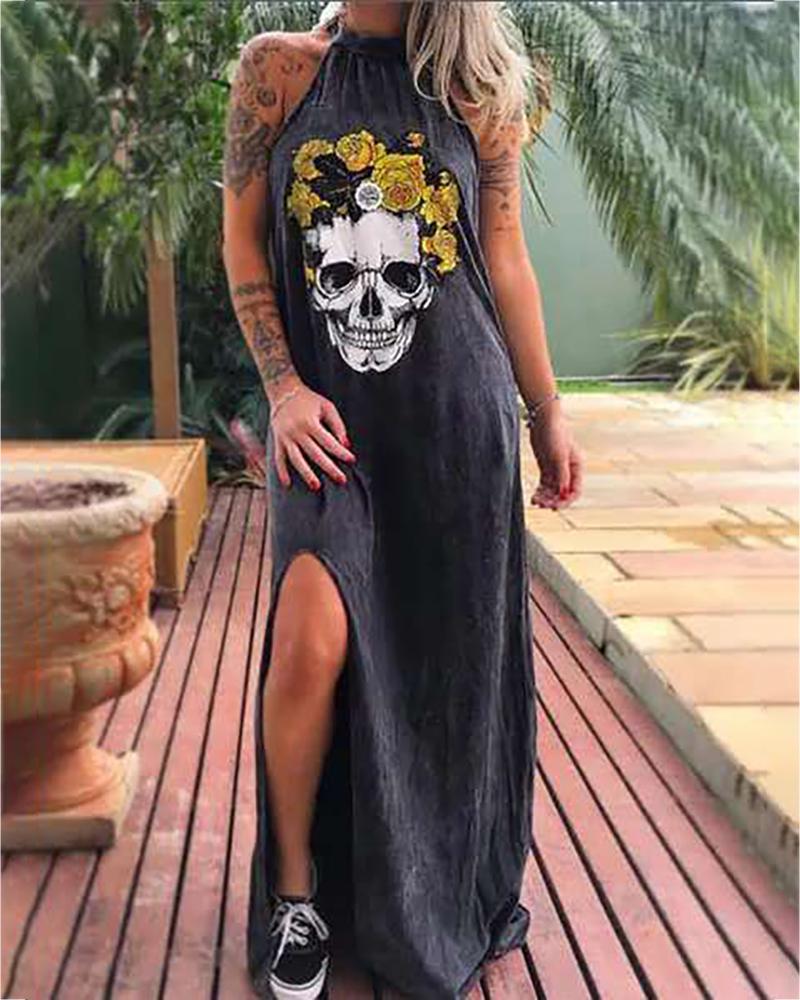 

Skull Print Slit Maxi Dress, Gray
