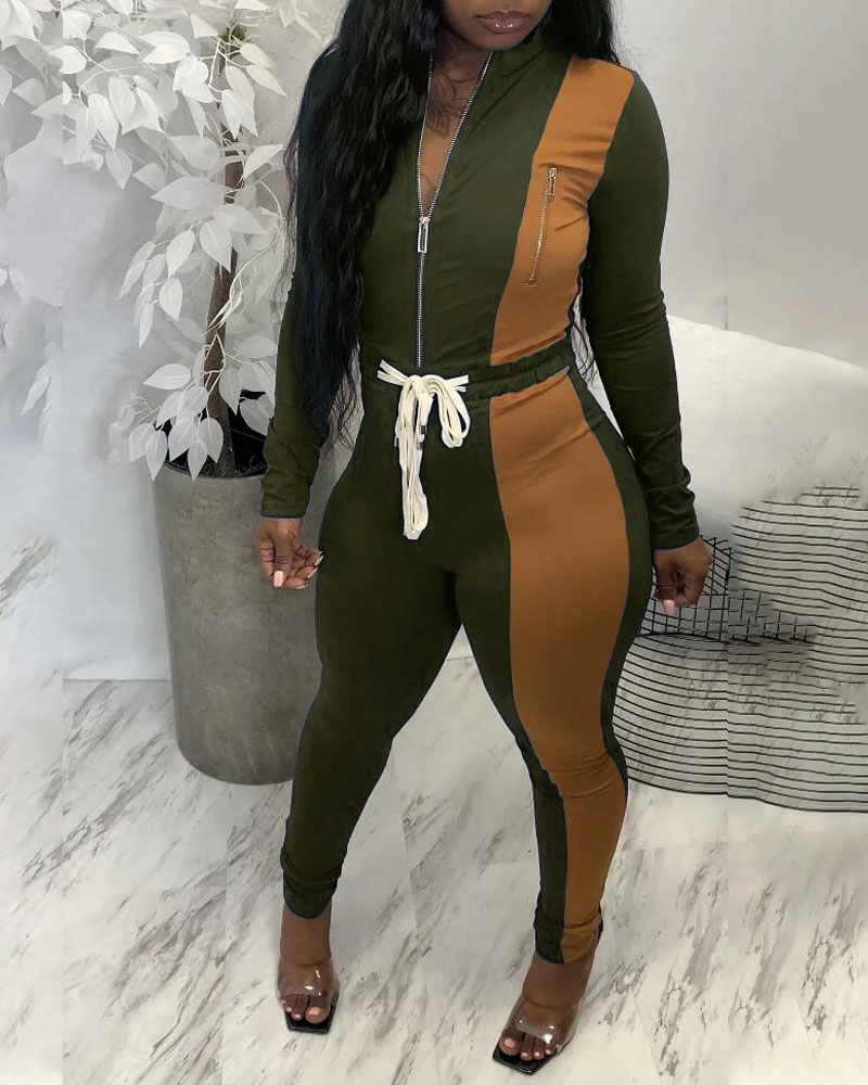 

Colorblock Zipper Front Top & Drawstring Pants Set, Green