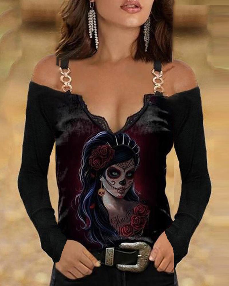 

Halloween Skull Print Lace Trim Cold Shoulder Top, Black