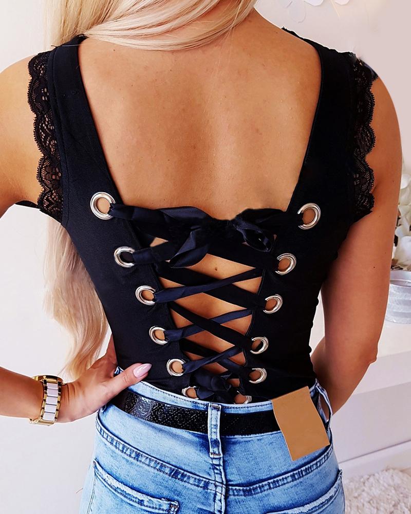 

Eyelet Lace-up Lace Trim Bodysuit, Black