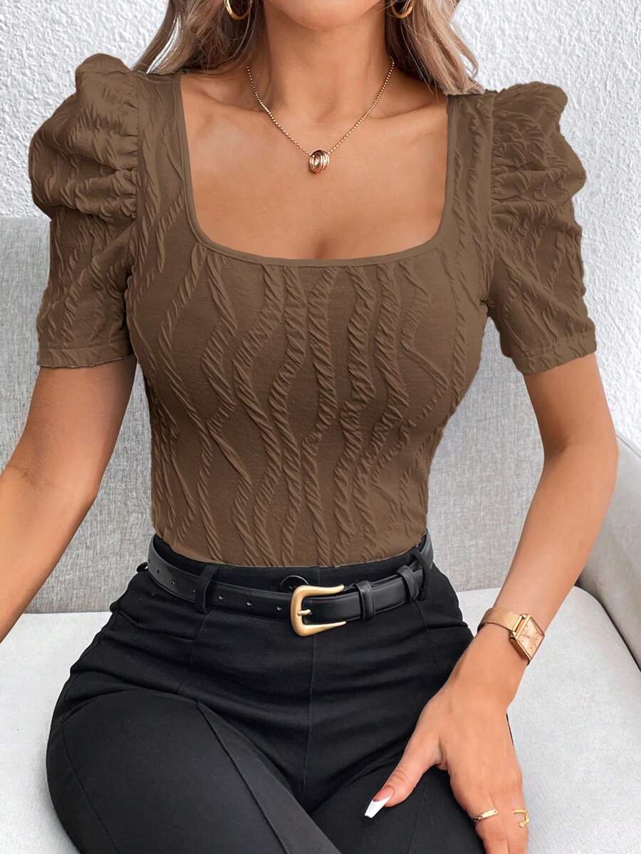 

Puff Sleeve Square Neck Textured Top, Brown