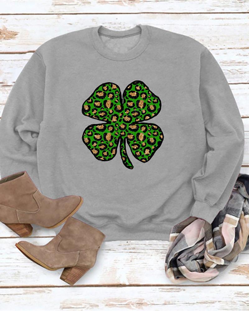 

St.Patrick' Day Clover Print Round Neck Long Sleeve Top, Gray