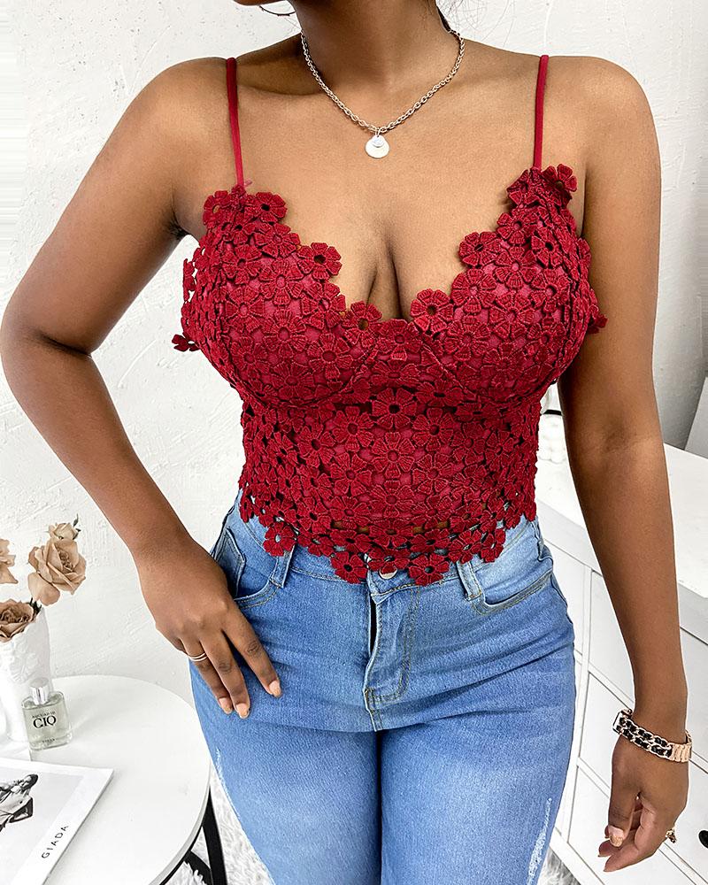 

Criss Cross Backless Crochet Lace Crop Cami Top, Red