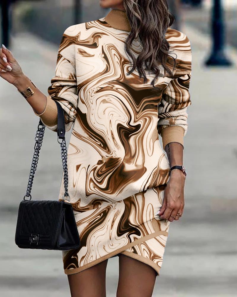 

Marble Print High Neck Long Sleeve Dress, Khaki