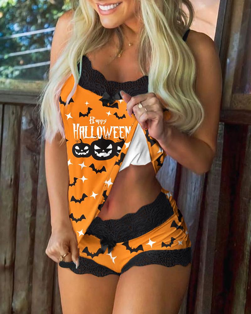 

Halloween Graphic Print Contrast Lace Cami Set, Orange