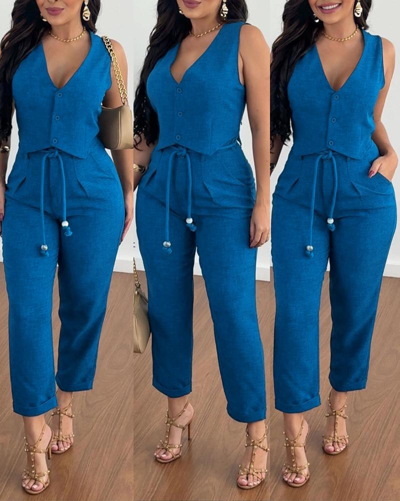 

V-Neck Buttoned Vest Top & Pocket Design Tied Detail Pants Set, Blue