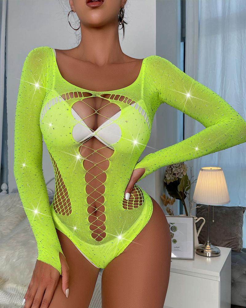 

Body ajouré à manches longues et col en U avec strass Lingerie sexy Slim Fit Teddies, Fluorescent yellow