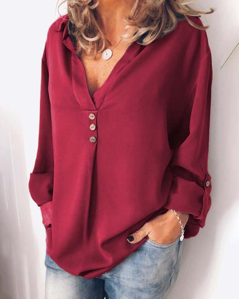 

Button Design V Neck Adjustable Sleeve Blouse, Wine red