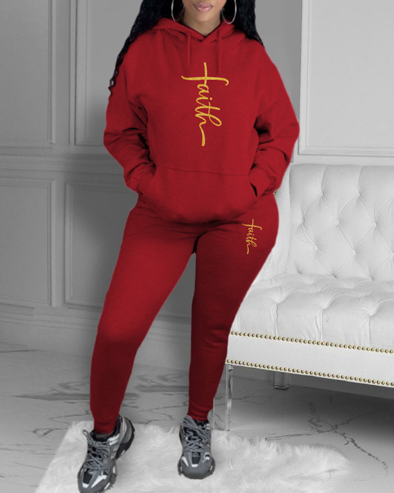 

Letter Print Pocket Design Hoodie & Pants Set, Red