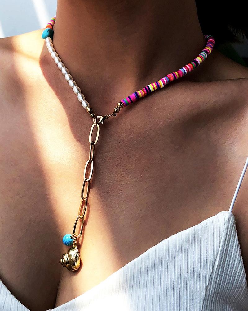 

Faux Peral Colorful Beaded Chain Pendant Necklace, Multicolor