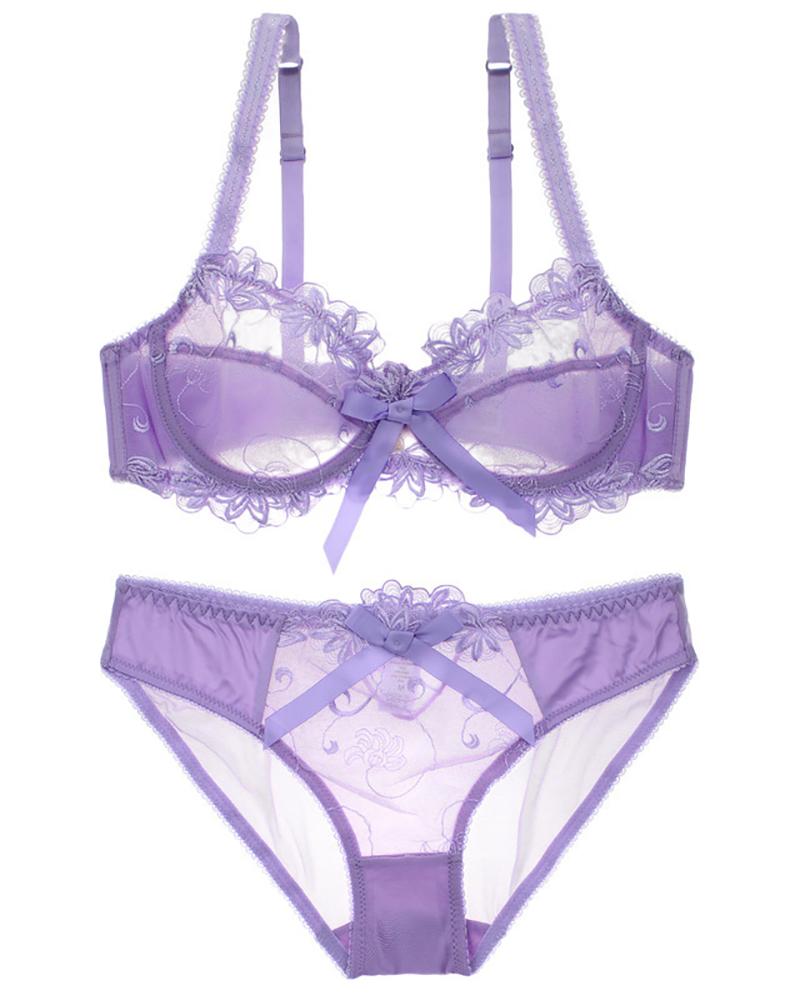 

Chantilly Lace Sheer Mesh Hollow Out Bra Set, Purple