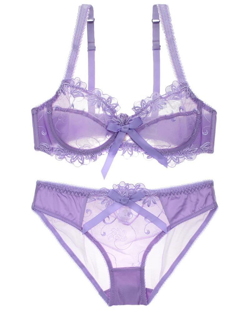 

Chantilly Lace Sheer Mesh Hollow Out Bra Set, Purple