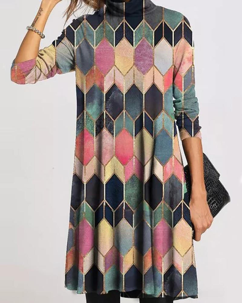 

Colorblock Geometry Print Long Sleeve Women Dress, Pink