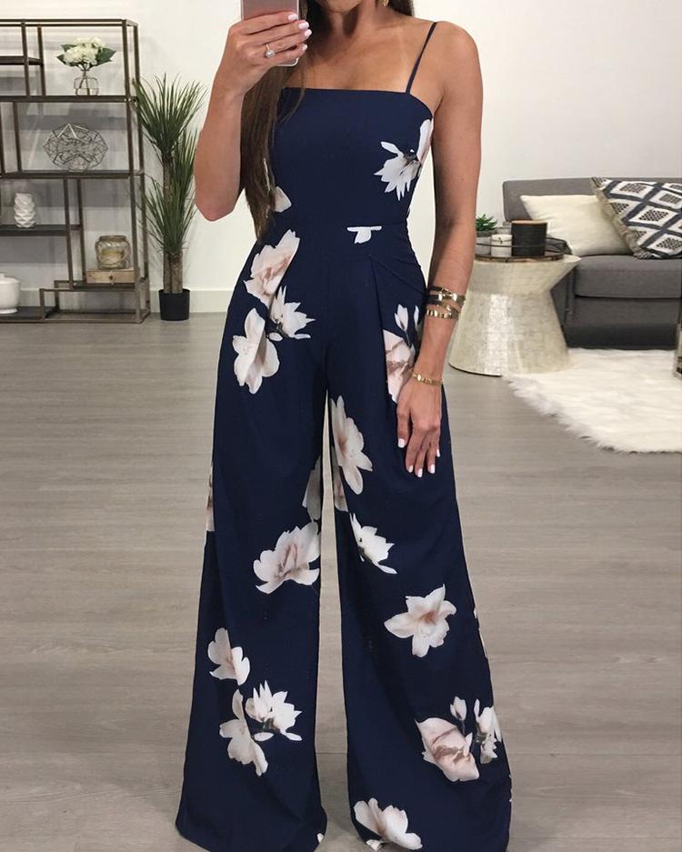 

Floral Spaghetti Strap Wide Leg Jumpsuit, Dark blue