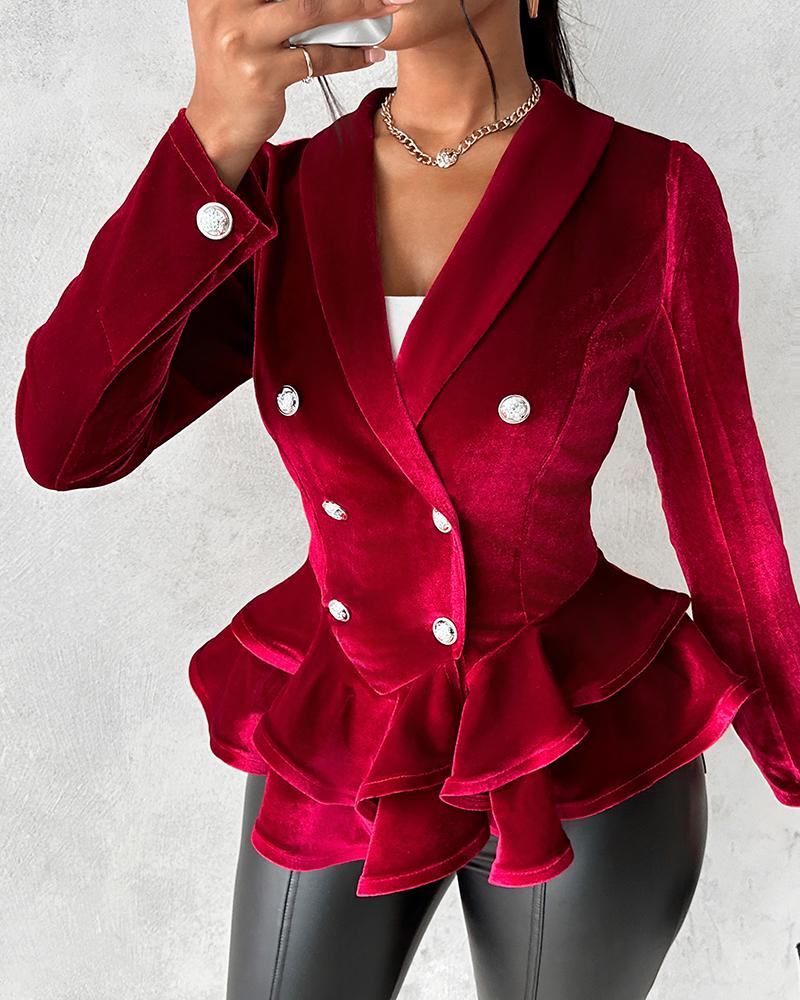 

Double Breasted Velvet Ruffle Blazer & Skinny Pants, Wine red