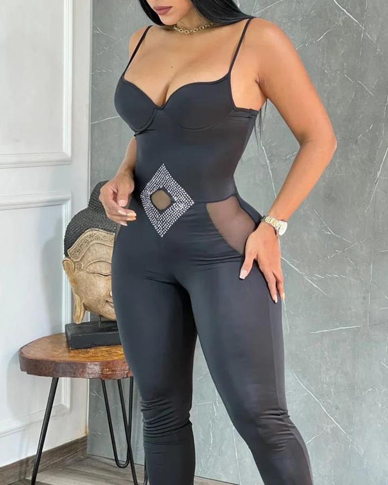 

Lace-up Backless Rhinestone Decor Contrast Mesh Jumpsuit, Black