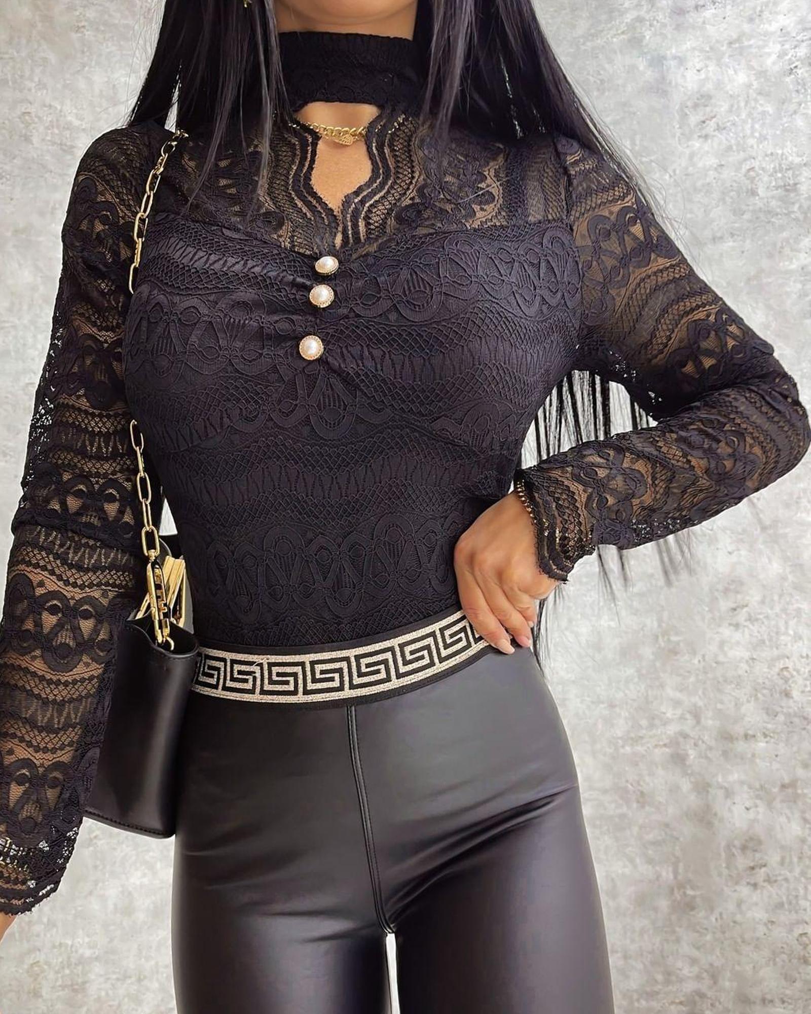 

Button Decor Long Sleeve Lace Top, Black
