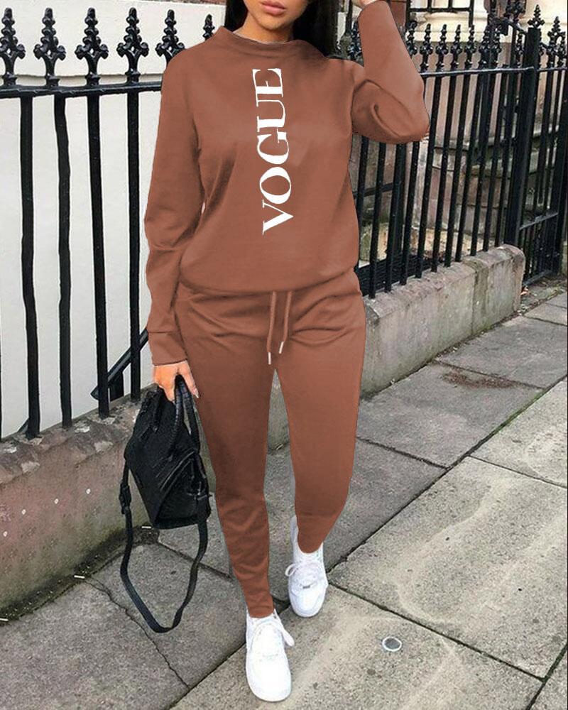 

Letter Print Long Sleeve Top & Drawstring Pants Set, Coffee