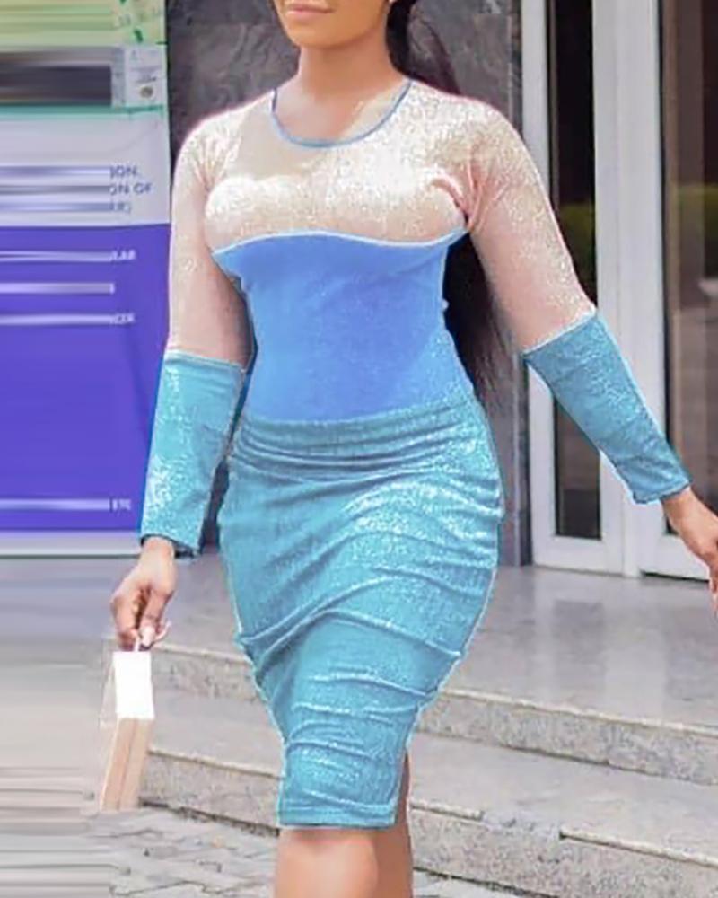 

Colorblock Glitter Ruched Midi Dress, Light blue