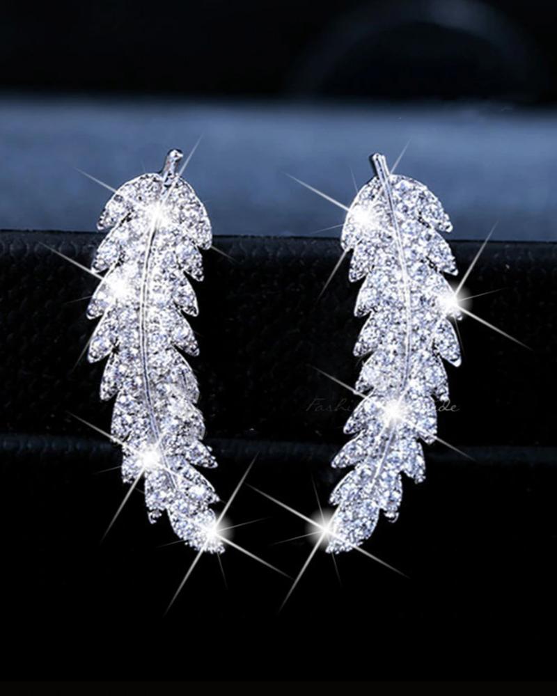 

1Pair Full Rhinestone Feather Shaped Earrings, Silver