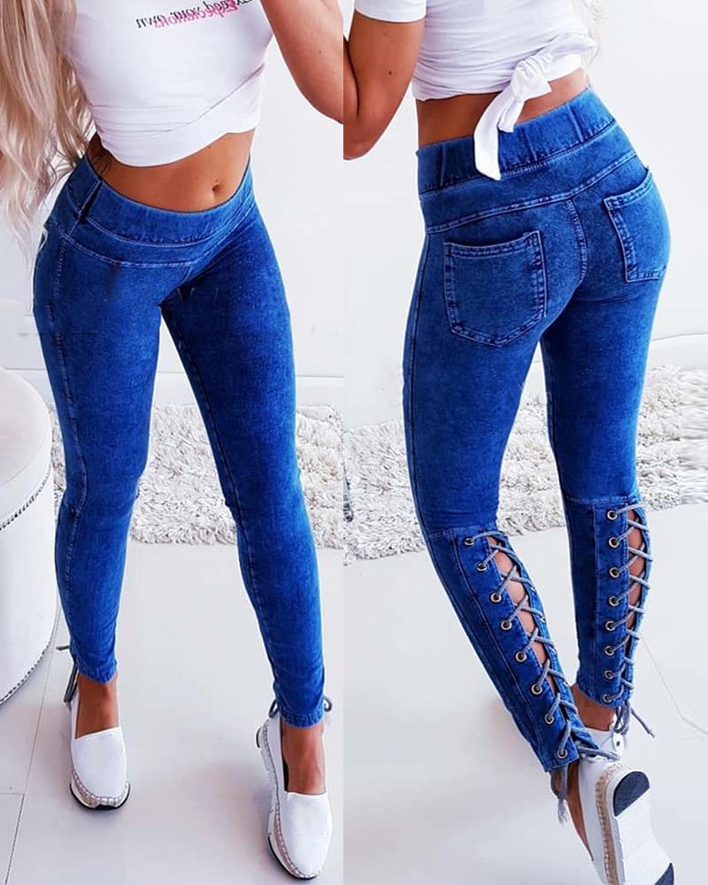 

Solid Color Lace-up Skinny Jeans, Dark blue