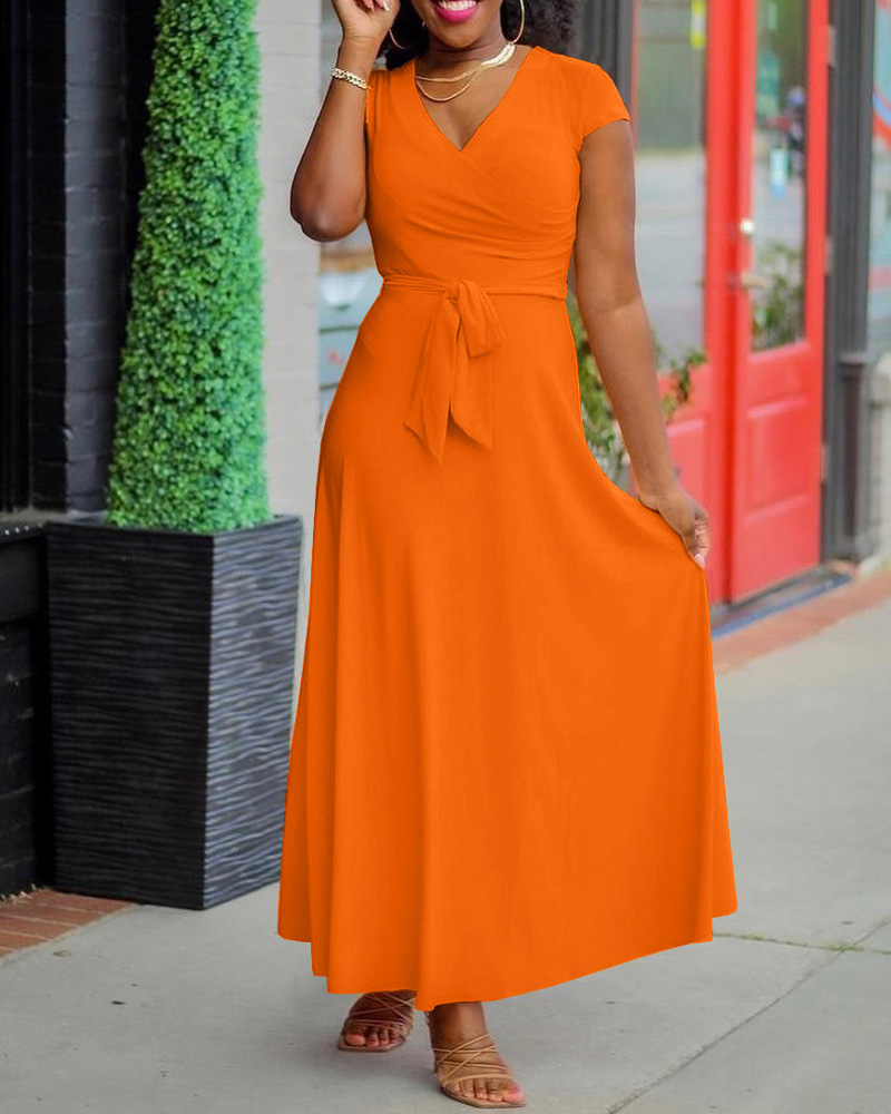 

Short Sleeve Surplice Neck Belted Maxi Dress, Orange