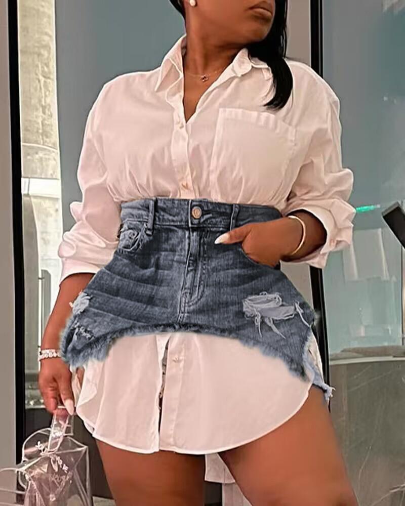 Long Sleeve Shirt Dress With Ripped Denim Skirt