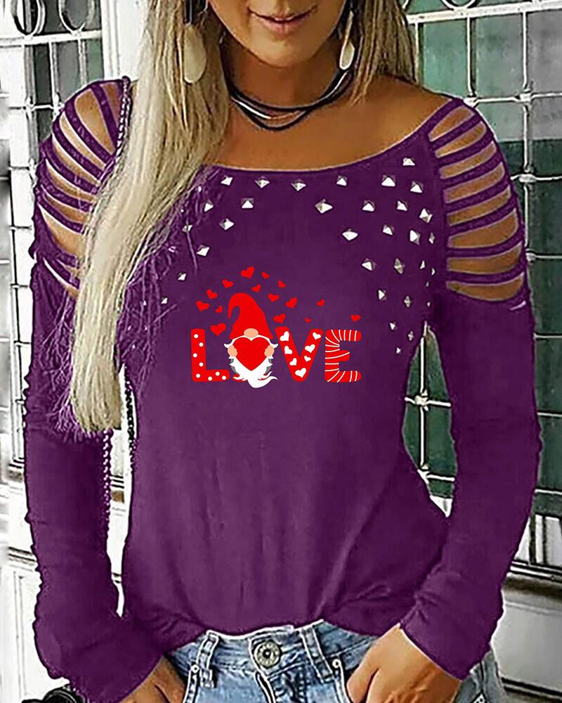 

Cutout Studded Letter Heart Print Long Sleeve Top, Purple