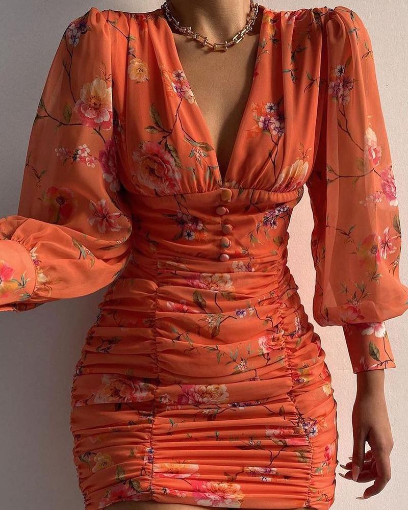 

Puff Lantern Sleeve Floral Print Ruched Bodycon Dress, Orange