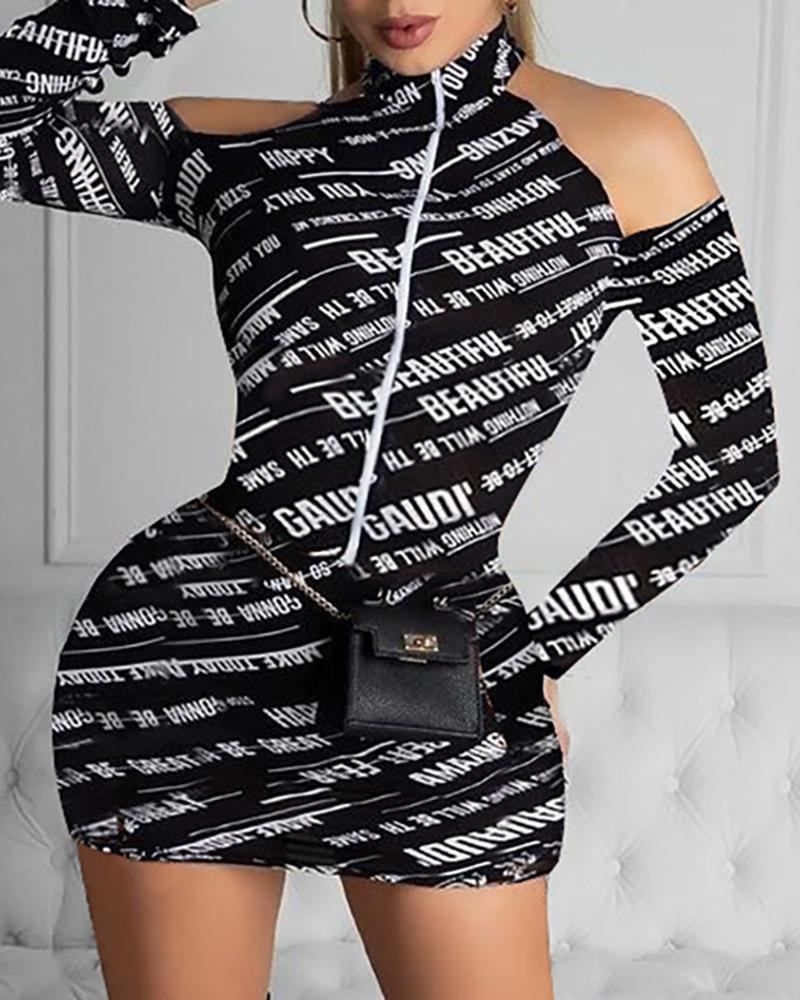 

Letter Print Zipper Design Cold Shoulder Bodycon Dress, Black