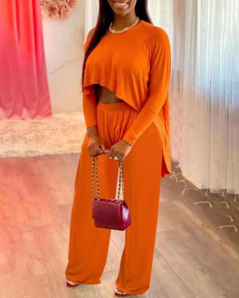 

One Shoulder Dip Hem Top & High Waist Pants Set, Orange