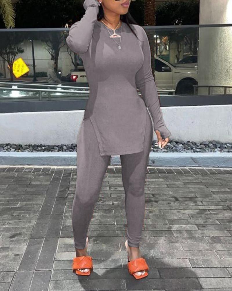 

Thumb Hole Split Hem Top & Pencil Pants Set, Gray