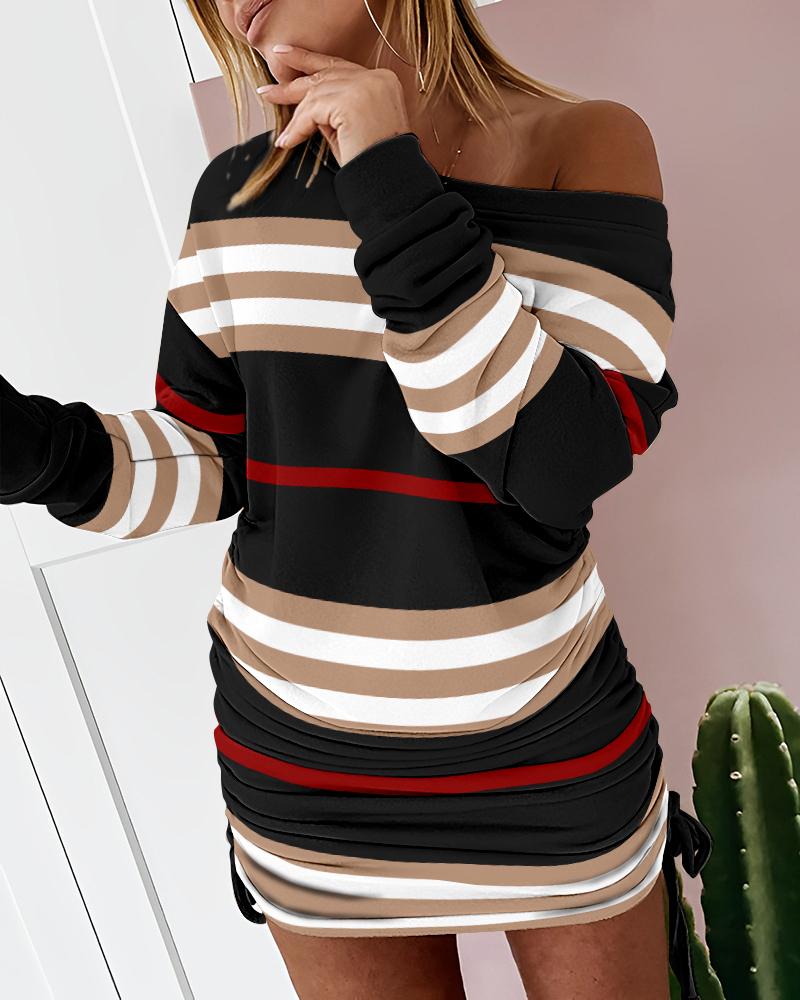 

Striped Drawstring Long Sleeve Casual Dress, Black