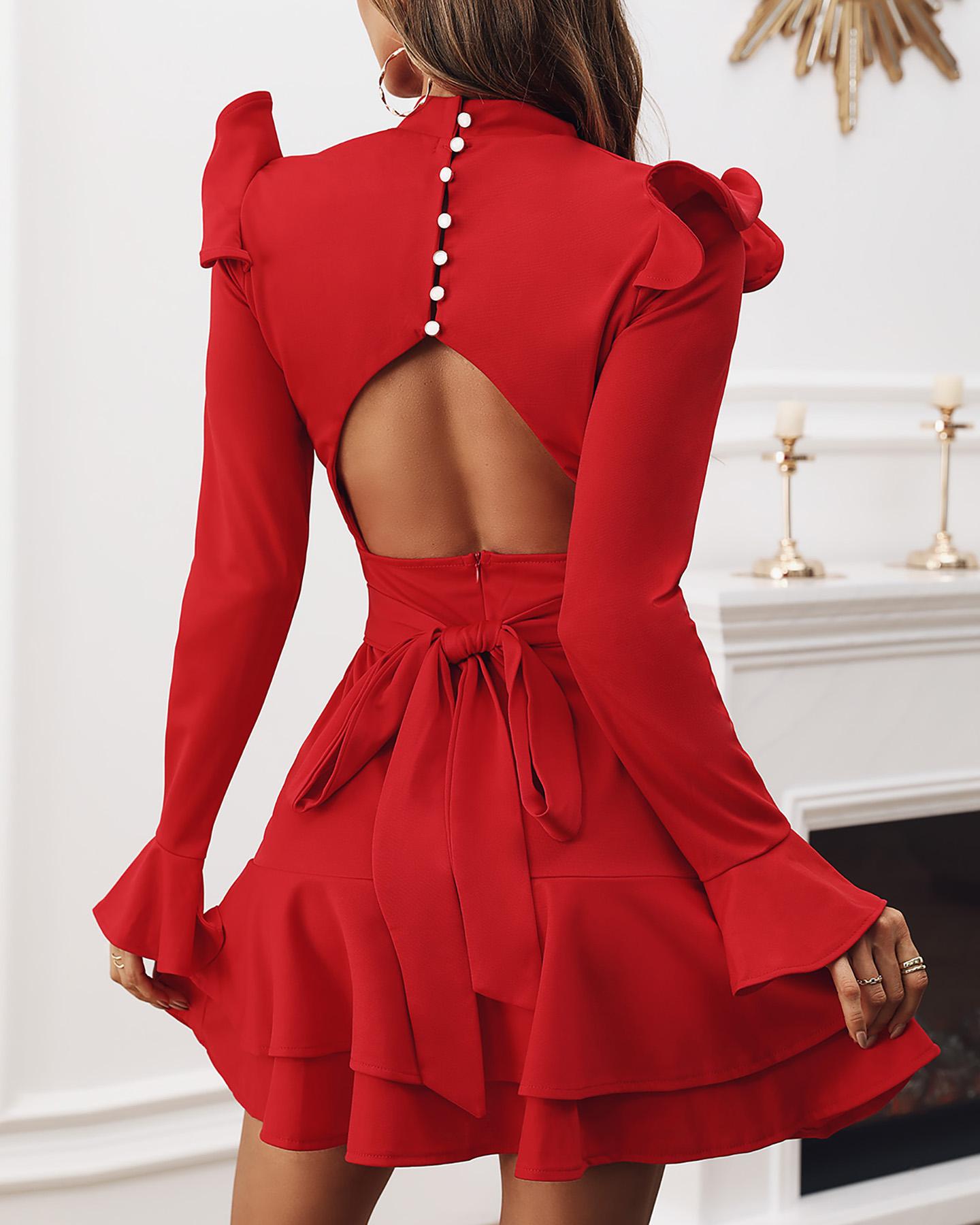 

Solid Backless Ruffle Long Sleeve Dress, Red