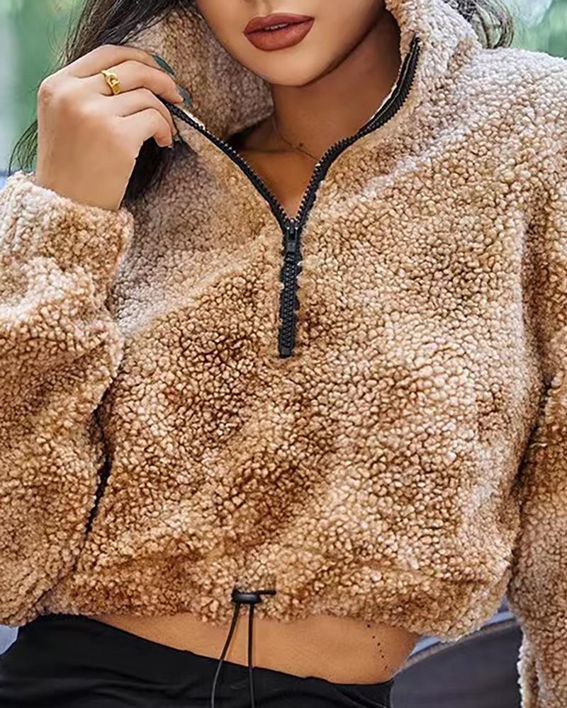 

Zip Front Drawstring Fluffy Crop Top, Khaki