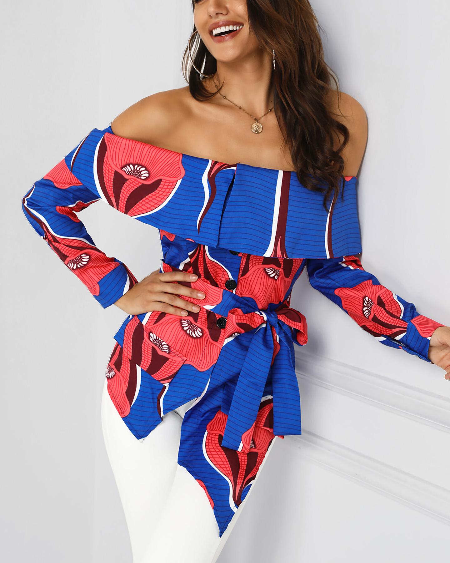 

Off Shoulder Floral Print Irregular Blouse, Blue