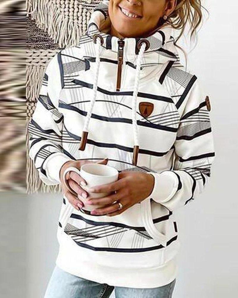 Striped Print Long Sleeve Drawstring Hoodie